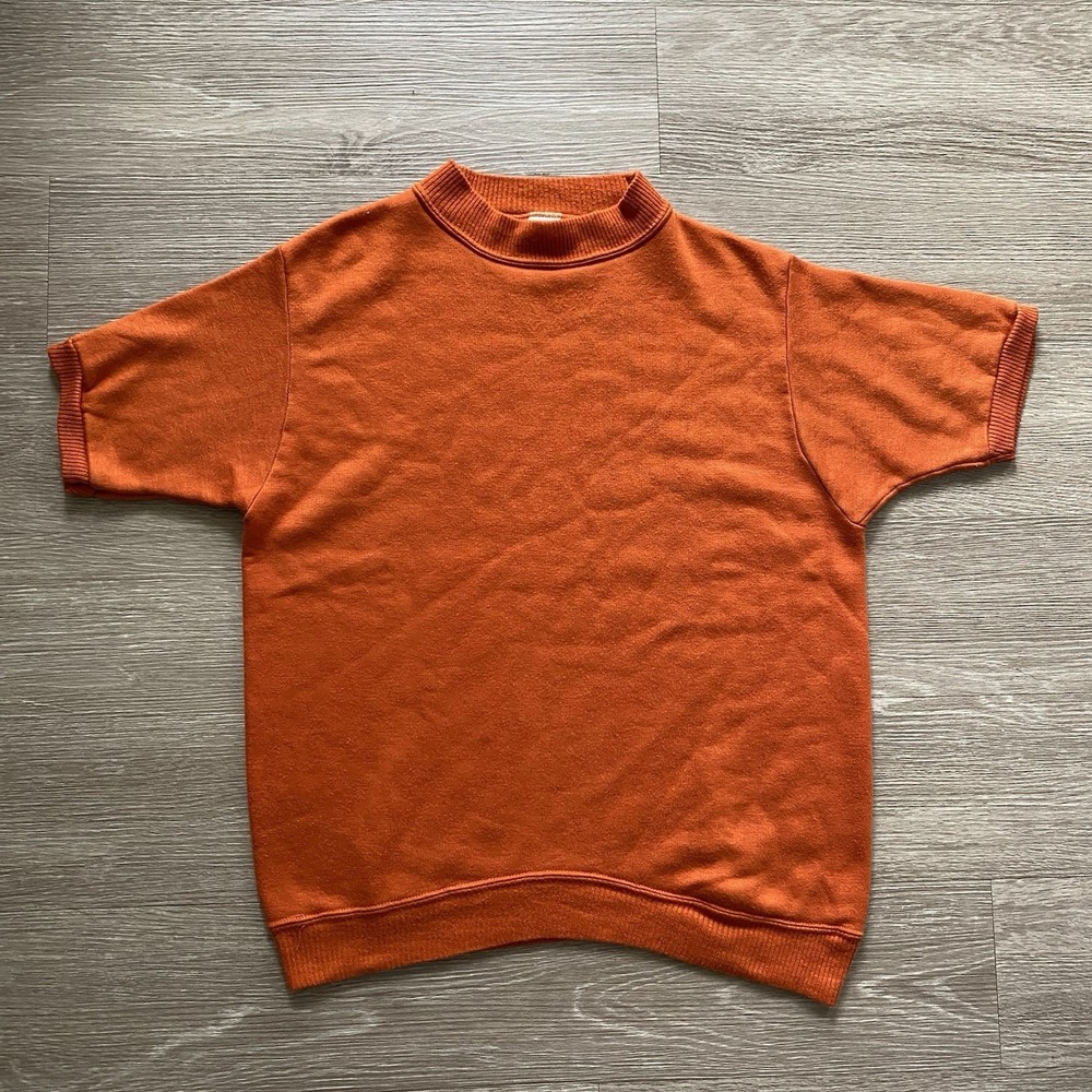 Vintage 70s Penneys Towncraft Short Sleeve Sweater Men's L Orange Mod Acrylic